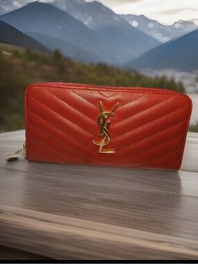 Saint Laurent Red Chevron Zip-Around Women's Wallet with Gold Logo